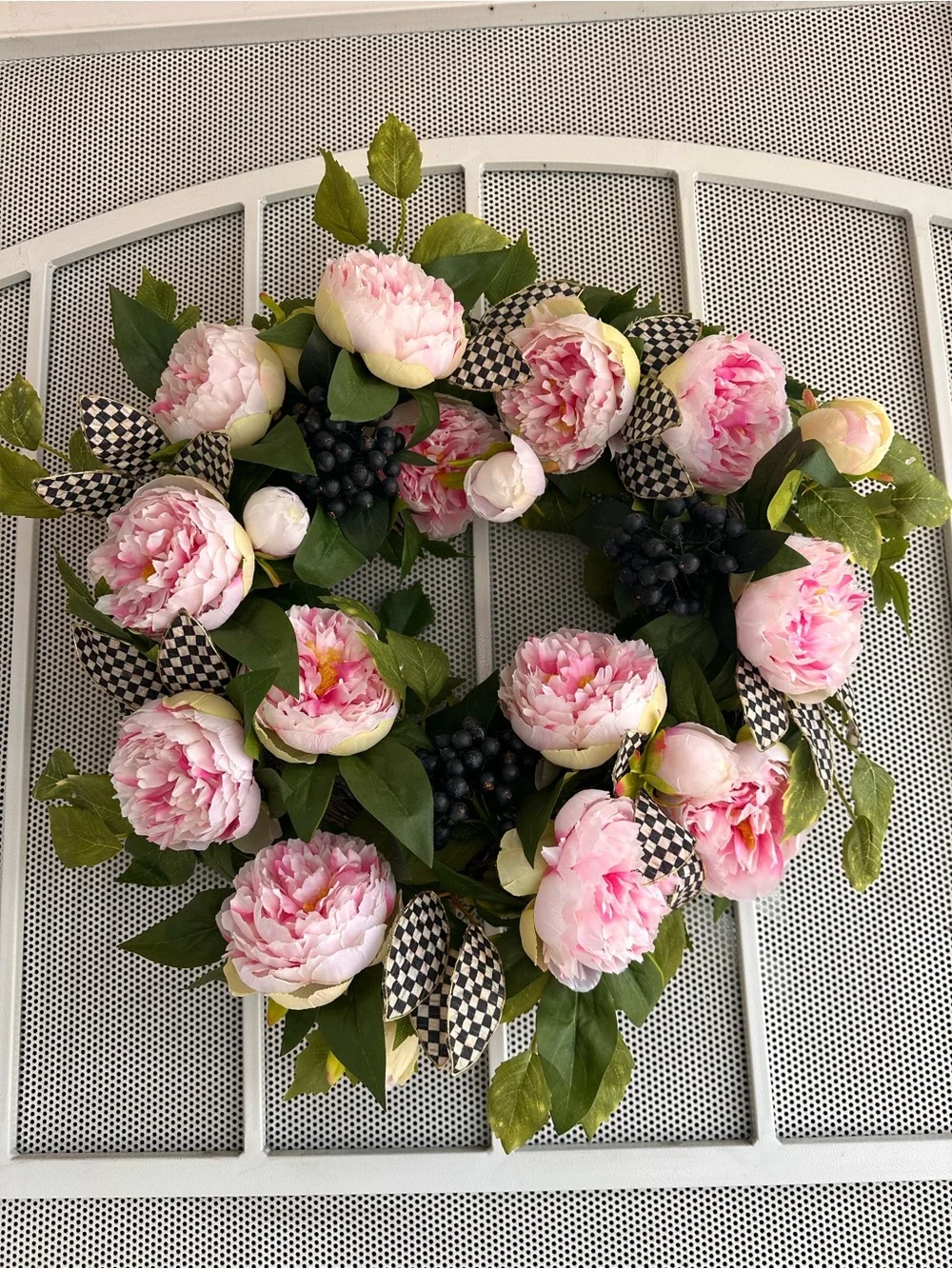 Mackenzie Childs Pink Peony Floral Wreath with Green Leaves - Home Accents